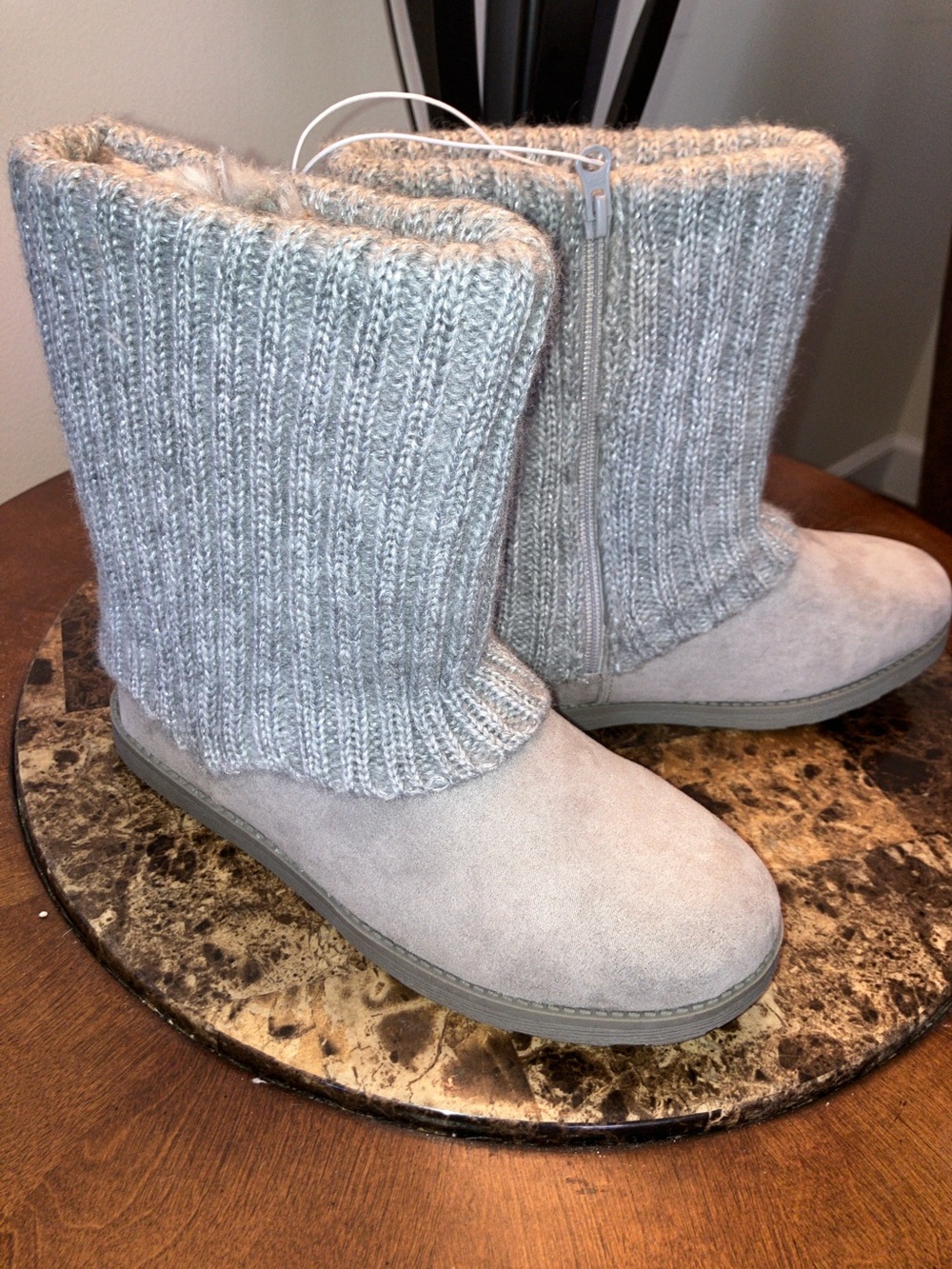 Cat & Jack Light Gray Knit-Trim Suede Boots